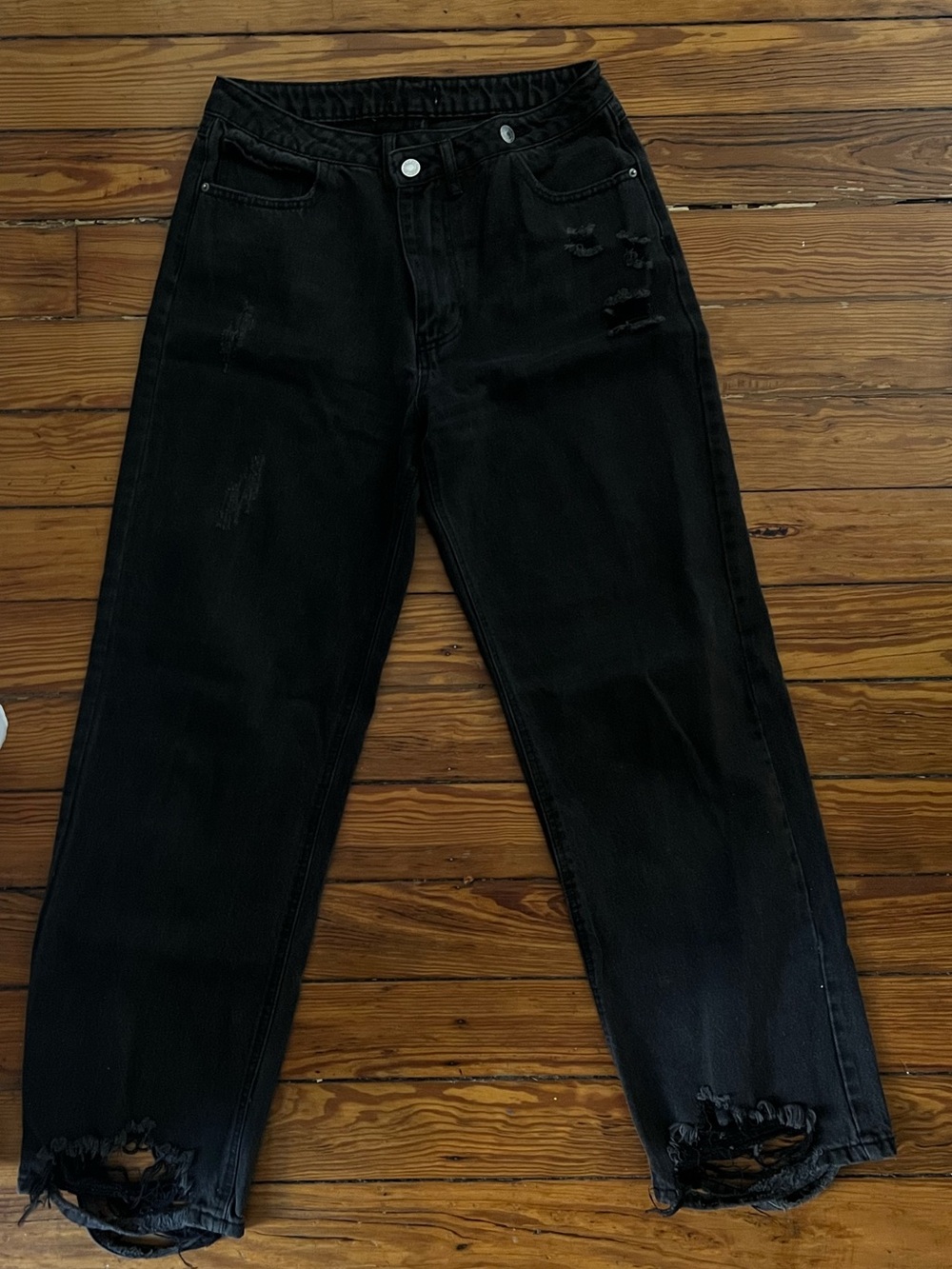 Midrise distressed charcoal jeans with double button front